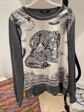 Nice Connection Grey & Ivory Leopard Print Front Sweater